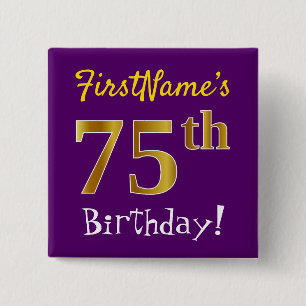 Paars, Faux Gold 75e verjaardag, met aangepaste na Vierkante Button 5,1 Cm