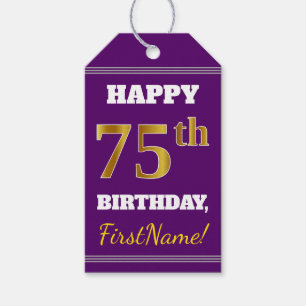 Paars, Faux Gold 75th Birthday + Eigen naam Cadeaulabel