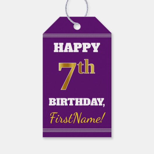 Paars, Faux Gold 7th Birthday + Eigen naam Cadeaulabel (Voorkant)