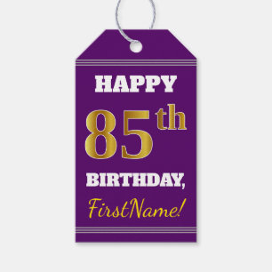Paars, Faux Gold 85th Birthday + Eigen naam Cadeaulabel