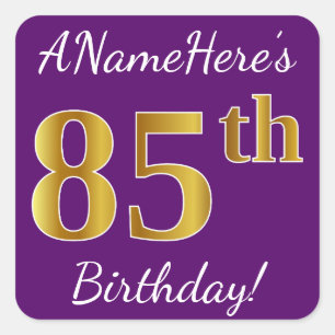 Paars, Faux Gold 85th Birthday + Eigen naam Vierkante Sticker