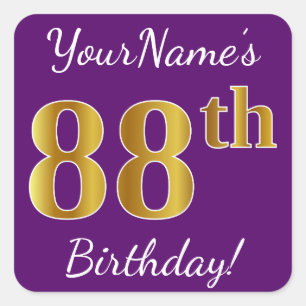 Paars, Faux Gold 88th Birthday + Eigen naam Vierkante Sticker