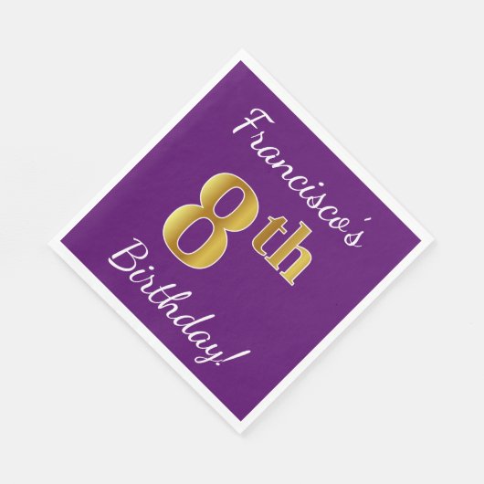 Paars, Faux Gold 8th Birthday + Eigen naam Servet (Hoek)