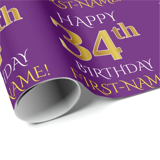 Paars Faux Gold "HAPPY 34th BIRTHDAY" Cadeaupapier (Rol Hoek)