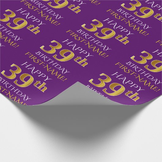 Paars Faux Gold "HAPPY 39th BIRTHDAY" Cadeaupapier (Hoek)