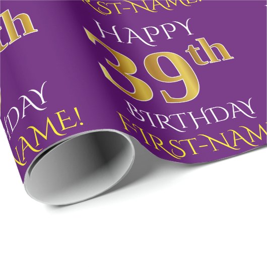 Paars Faux Gold "HAPPY 39th BIRTHDAY" Cadeaupapier (Rol Hoek)