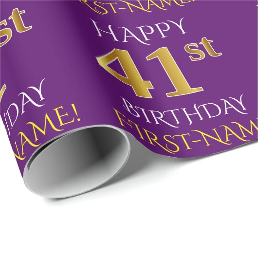 Paars Faux Gold "HAPPY 41st BIRTHDAY" Cadeaupapier (Rol Hoek)