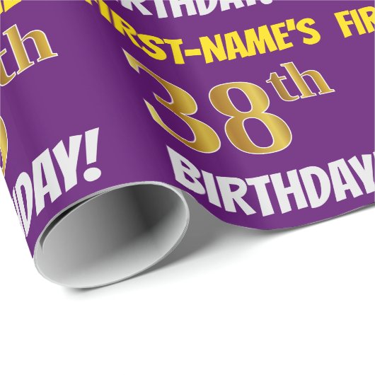 Paars, Faux/Imitation Gold, "38th BIRTHDAY" Cadeaupapier (Rol Hoek)