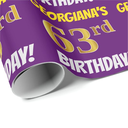 Paars, Faux/Imitation Gold, "63rd BIRTHDAY" Cadeaupapier (Rol Hoek)