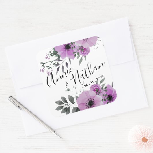 Paars Floral Cute Romantic Script Weduwschap Vierkante Sticker (Envelop)