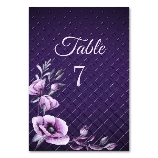 Paars Floral Decorative Wedding Table Number Kaart (Voorkant)