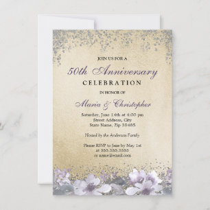 Paars Floral Gold 50th Wedding Jubileum Invite Kaart