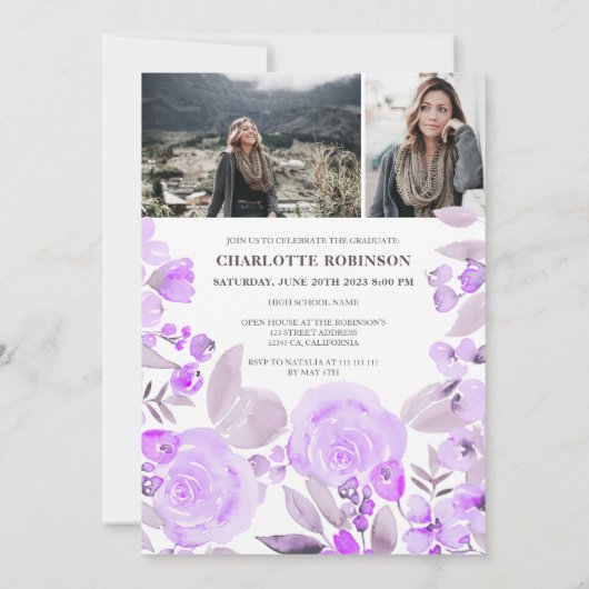 Paars floral greenery script 3 foto's afstuderen kaart (Achterkant)