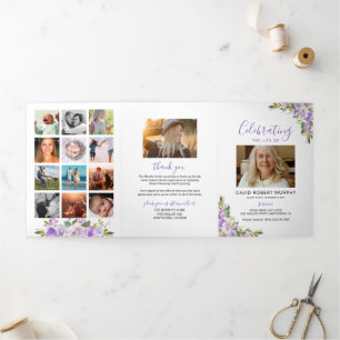 Paars Floral - Memorial Programme Drieluik Uitnodiging