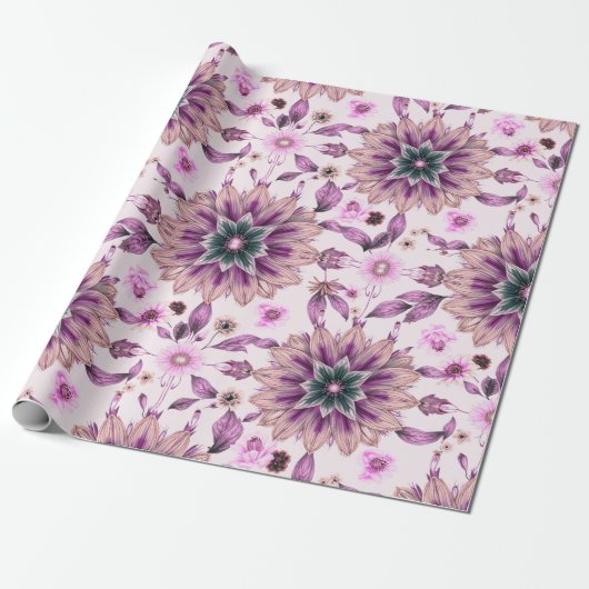 Paars Floral Pattern Cadeaupapier (Uitgerold)