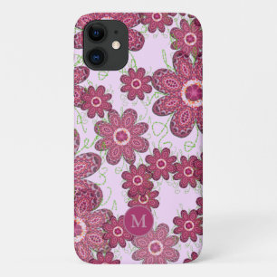  Paars Floral Pattern Monogrammed iPhone 11 Hoesje