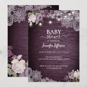 Paars Floral Rustic Baby shower Kaart
