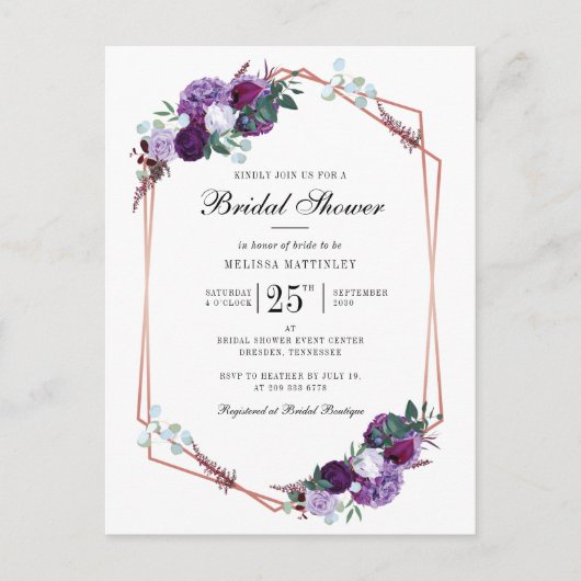 Paars Floral Script Geometric Vrijgezellenfeest Uitnodiging Briefkaart (Voorkant)