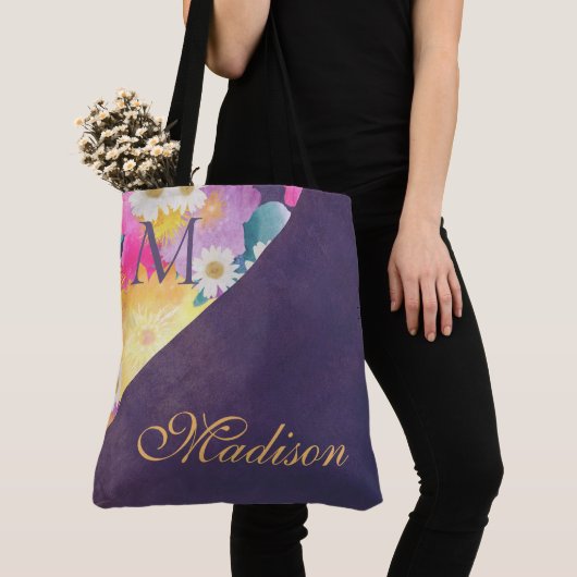 Paars Floral Trendy Girly Initiaal Naam Monogram Draagtas (Dichtbij)