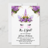 Paars Floral Unicorn Princess Baby shower Kaart (Voorkant)