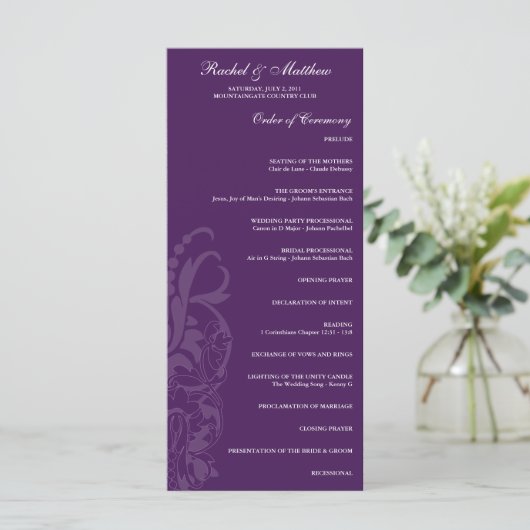 Paars Floral Wedding Programme Programma (Staand voorkant)