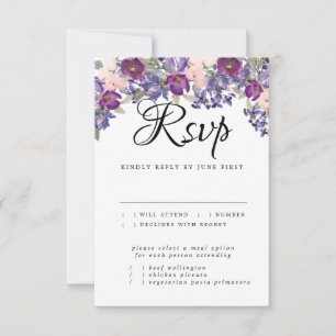Paars Floral Wedding RSVP Kaart met maaltijdkeuze
