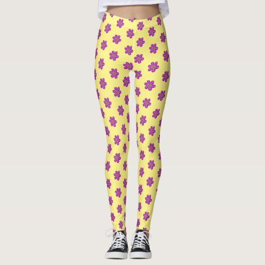 Paars Floral Yellow Pattern Leggings (Voorkant)