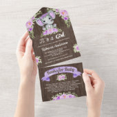 Paars Florence Waterverf Elephant Baby shower All In One Uitnodiging (Afscheurbaar)