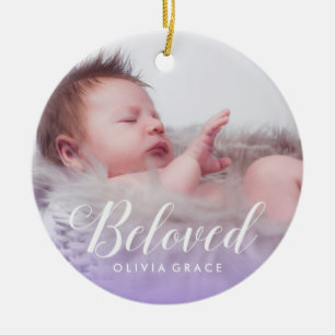 Paars Fotonaam en geboortestaat van Baby Keramisch Ornament