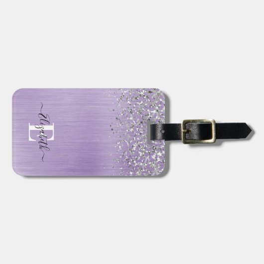 Paars geborsteld Metaal Glitter Monogram Manuscrip Bagagelabel (Voorkant horizontaal)