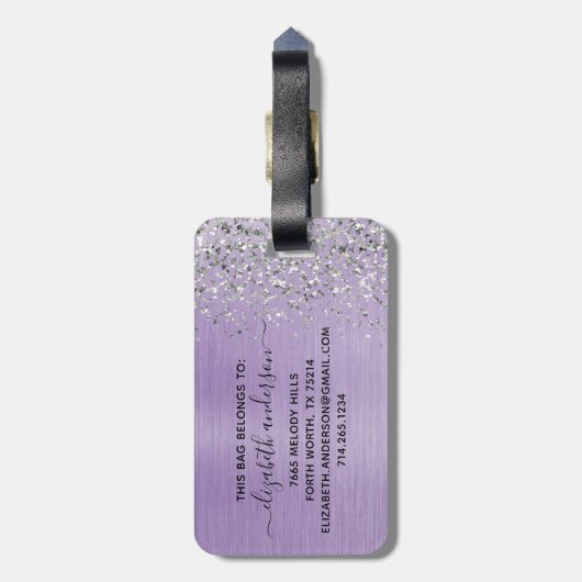 Paars geborsteld Metaal Glitter Monogram Manuscrip Bagagelabel (Achterkant verticaal)