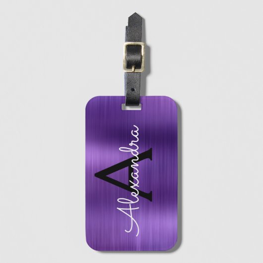 Paars geborsteld Metaal Monogram Naam en Initiaal Bagagelabel (Voorkant (verticaal))