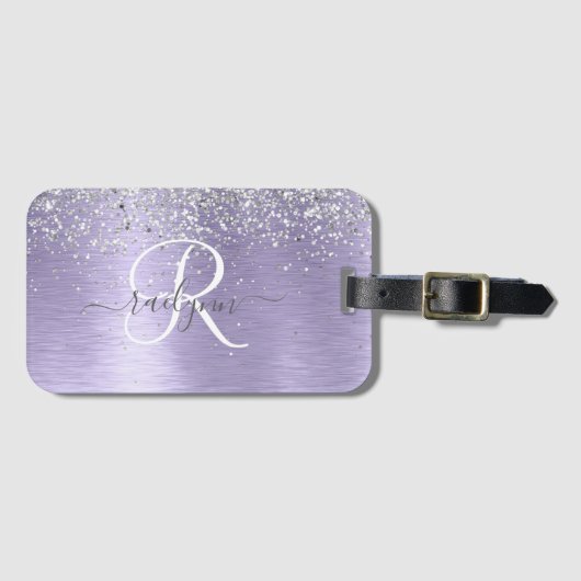 Paars geborsteld metaal Silver Glitter Monogram Na Bagagelabel (Voorkant (horizontaal))