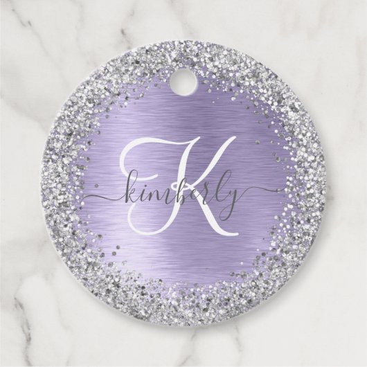 Paars geborsteld metaal Silver Glitter Monogram Na Bedankjes Labels (Voorkant)