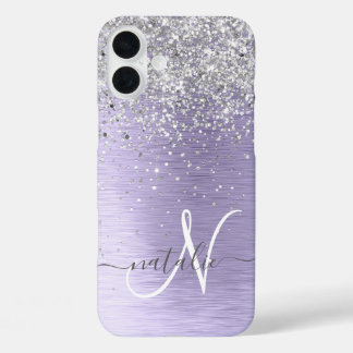 Paars geborsteld metaal Silver Glitter Monogram Na iPhone 16 Plus Hoesje