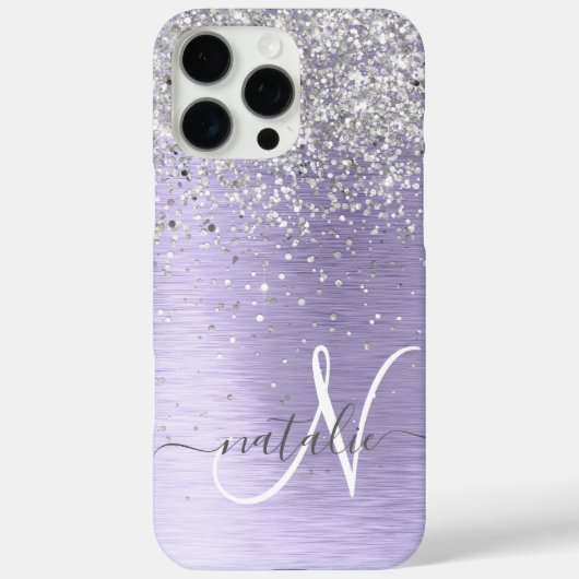 Paars geborsteld metaal Silver Glitter Monogram Na Case-Mate iPhone Case (Achterkant)