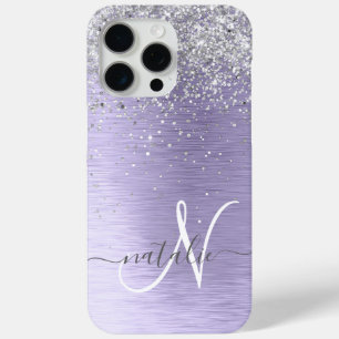 Paars geborsteld metaal Silver Glitter Monogram Na iPhone 15 Pro Max Hoesje