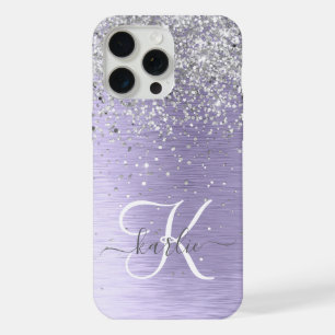 Paars geborsteld metaal Silver Glitter Monogram Na iPhone 15 Pro Max Hoesje