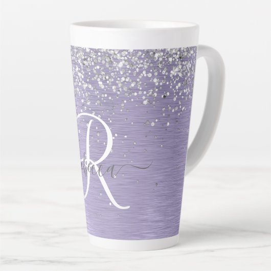 Paars geborsteld metaal Silver Glitter Monogram Na Latte Mok (Rechterhoek)