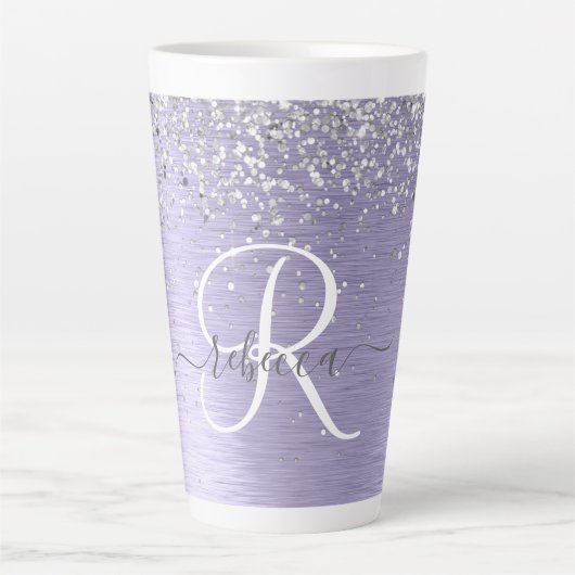 Paars geborsteld metaal Silver Glitter Monogram Na Latte Mok (Voorkant)