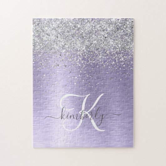 Paars geborsteld metaal Silver Glitter Monogram Na Legpuzzel (Verticaal)