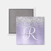 Paars geborsteld metaal Silver Glitter Monogram Na Magneet (Voorkant / Achterkant)
