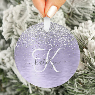 Paars geborsteld metaal Silver Glitter Monogram Na Ornament