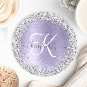 Paars geborsteld metaal Silver Glitter Monogram Na Ronde Kartonnen Onderzetter