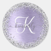 Paars geborsteld metaal Silver Glitter Monogram Na Ronde Sticker (Voorkant)