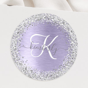 Paars geborsteld metaal Silver Glitter Monogram Na Ronde Sticker