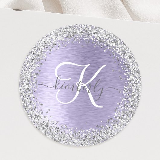 Paars geborsteld metaal Silver Glitter Monogram Na Ronde Sticker