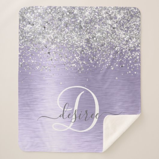 Paars geborsteld metaal Silver Glitter Monogram Na Sherpa Deken (Voorkant)
