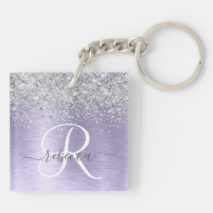 Paars geborsteld metaal Silver Glitter Monogram Na Sleutelhanger