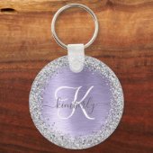 Paars geborsteld metaal Silver Glitter Monogram Na Sleutelhanger (Voorkant)